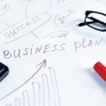 Business plan idea sketch with strategy and chart. Business planning concept. Workplace.